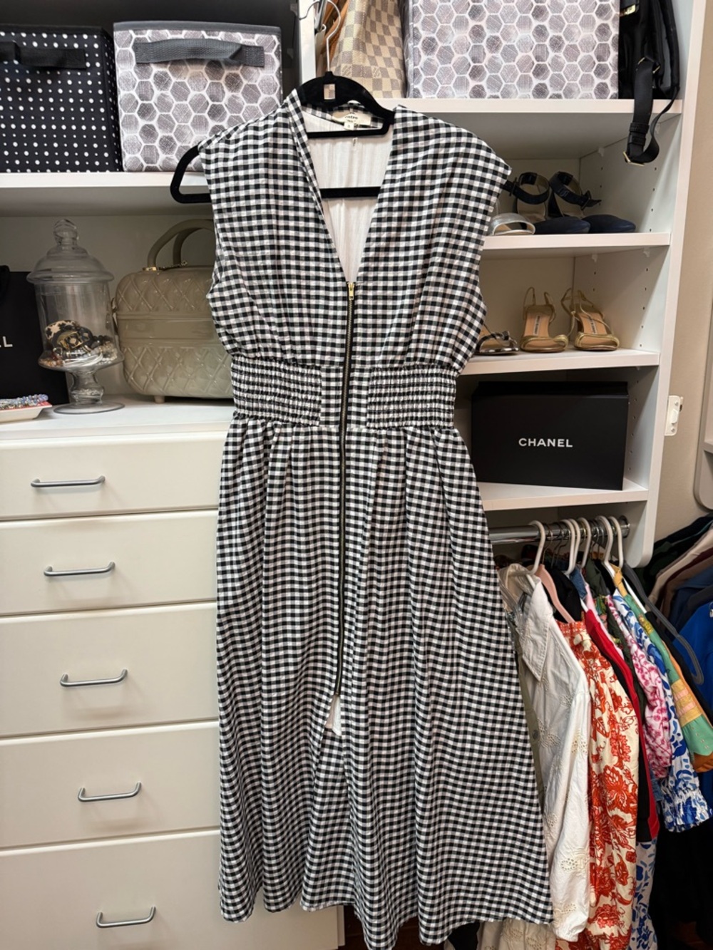 entro Black and White Gingham Midi Dress with Front Zip